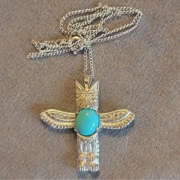 Silver Tone And Turquoise Thunderbird Pendant On Sterling Silver Chain / Z2B - Picture 1 of 3